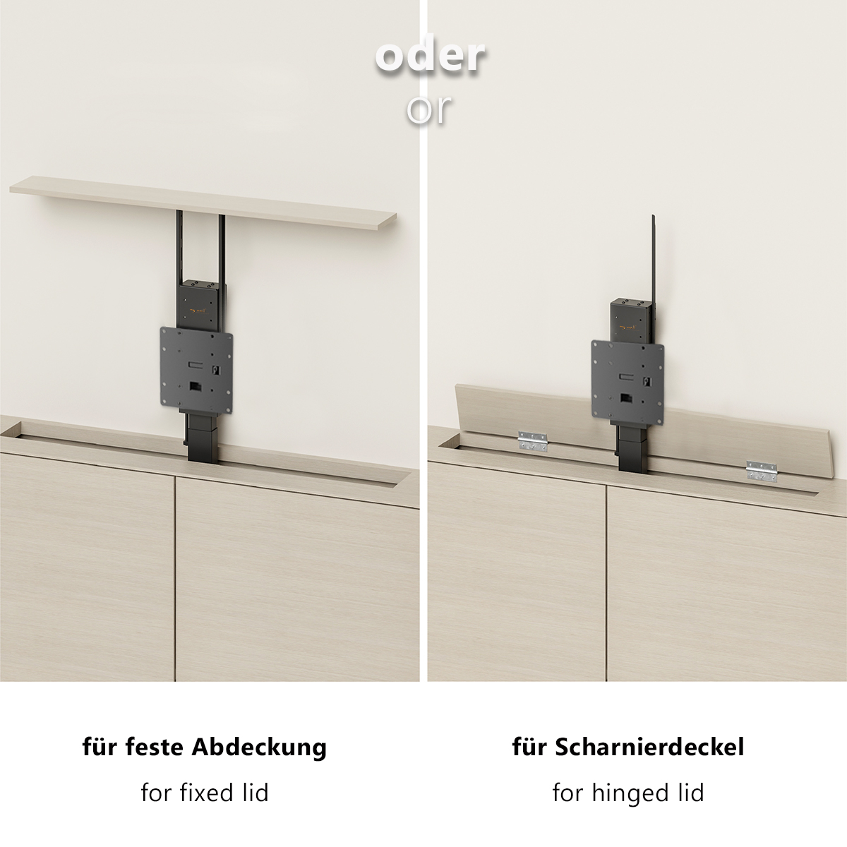Zwei Bilder zeigen Schrankinstallationsoptionen: feste Abdeckung und Klappdeckel, verschiedene Mechanismen.