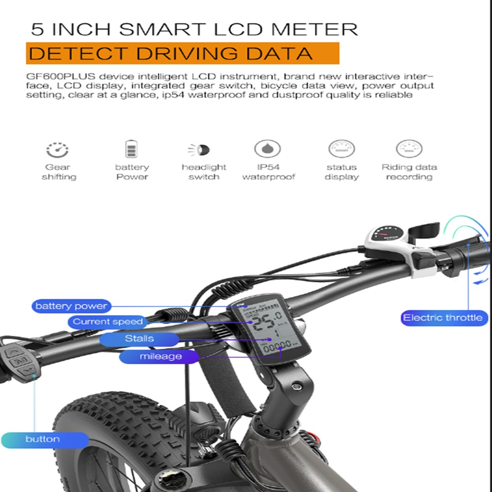 Armaturenbrett eines Elektrofahrrads mit mehreren Datenanzeigen und einer Taste.