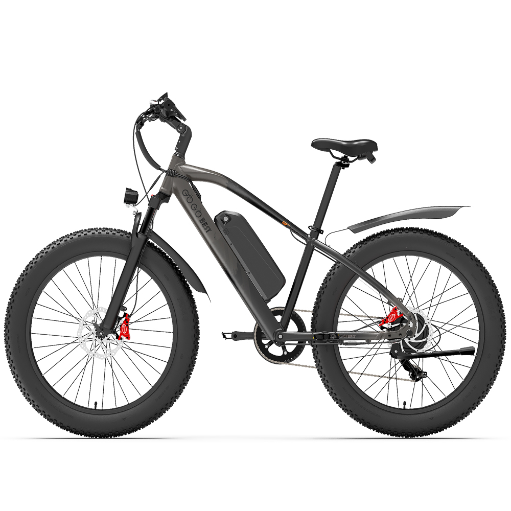 Una bicicletta elettrica di profilo. È nera e ha pneumatici grandi.