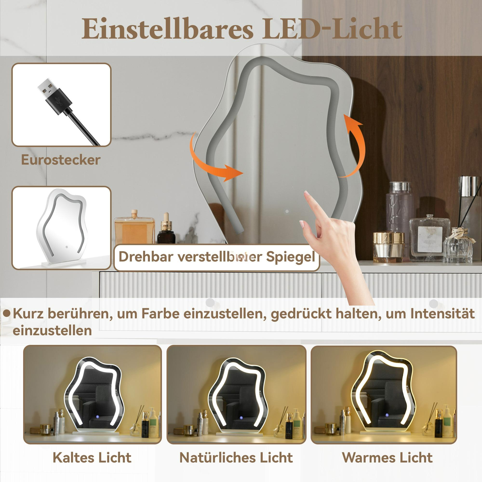 Ein Kosmetikspiegel mit einstellbaren LED-Lichteinstellungen und Touch-Bedienelementen, mit Produktanzeige.