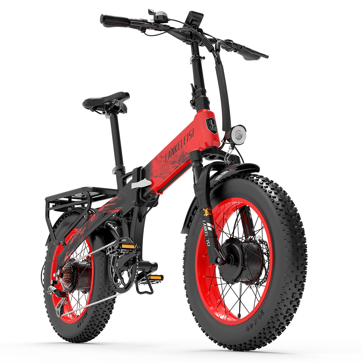 Rotes und schwarzes E-Bike mit fetten Reifen auf weißem Hintergrund, Frontansicht.