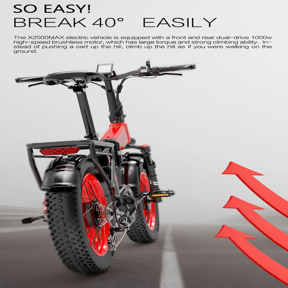 E-bike con accenti rossi, vista posteriore, che mostra un diagramma della capacità di salita e frecce rosse.