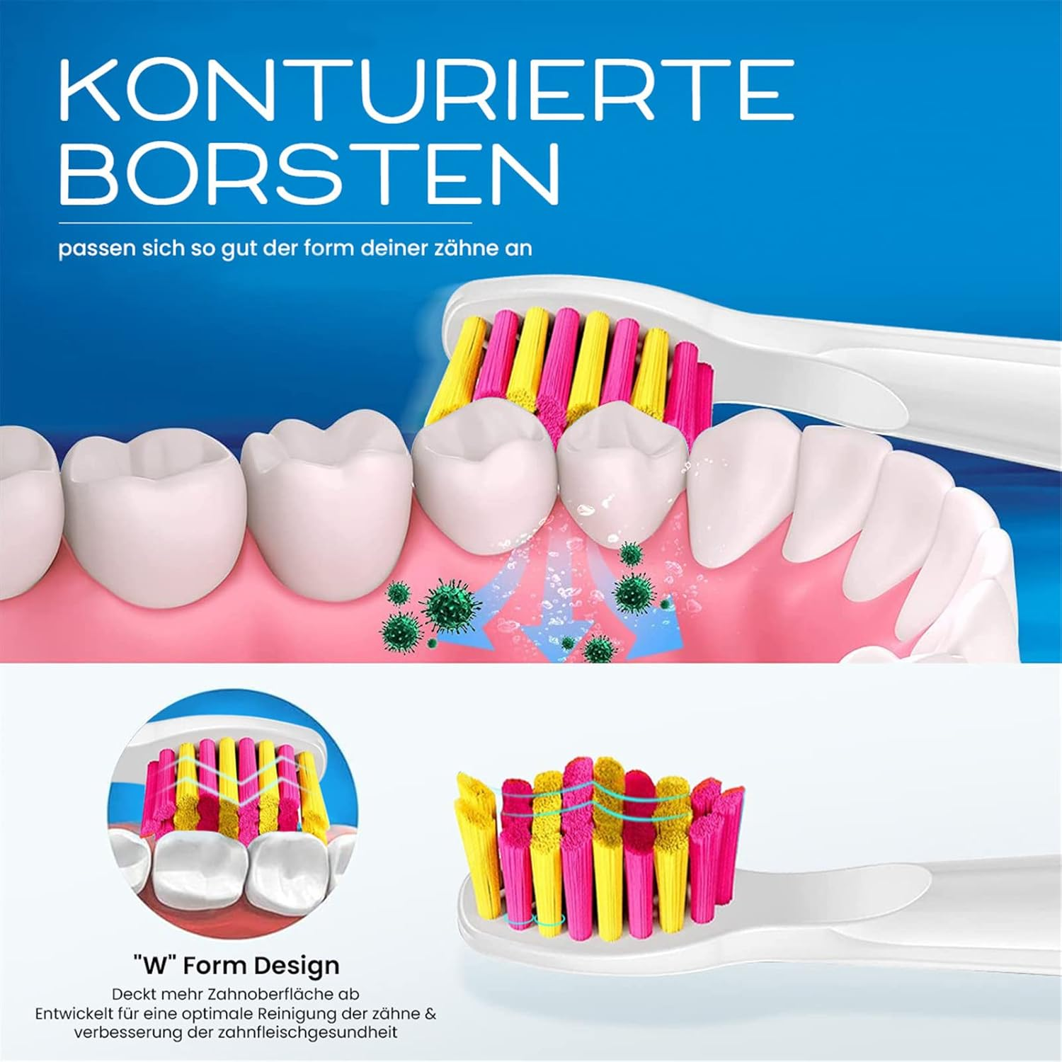 Nahaufnahme eines Zahnbürstenkopfes mit gelben und rosa Borsten, mit Zahnmodell und Zahngesundheit.