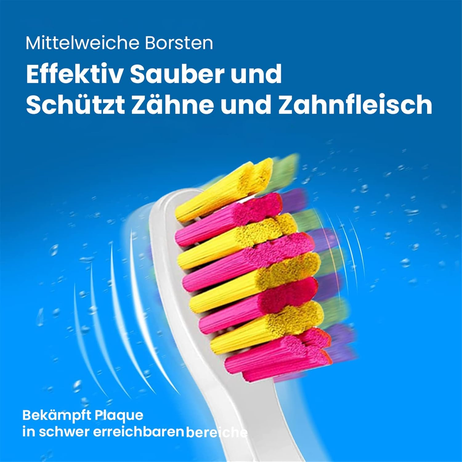 Nahaufnahme des Zahnbürstenkopfes, der Zähne putzt, mit gelben und rosa Borsten.