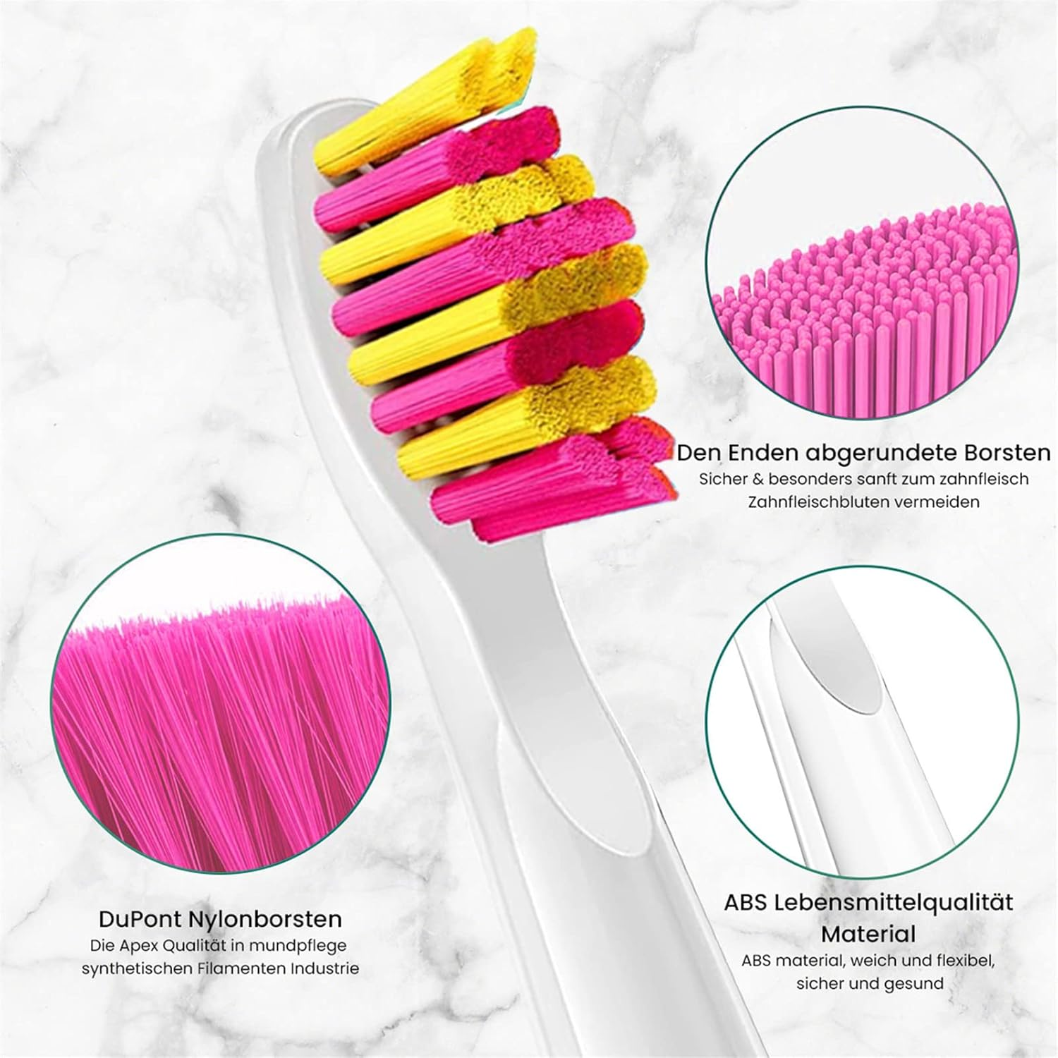 Nahaufnahme einer Zahnbürste mit rosa und gelben Borsten, weißem Griff und erklärenden Diagrammen.