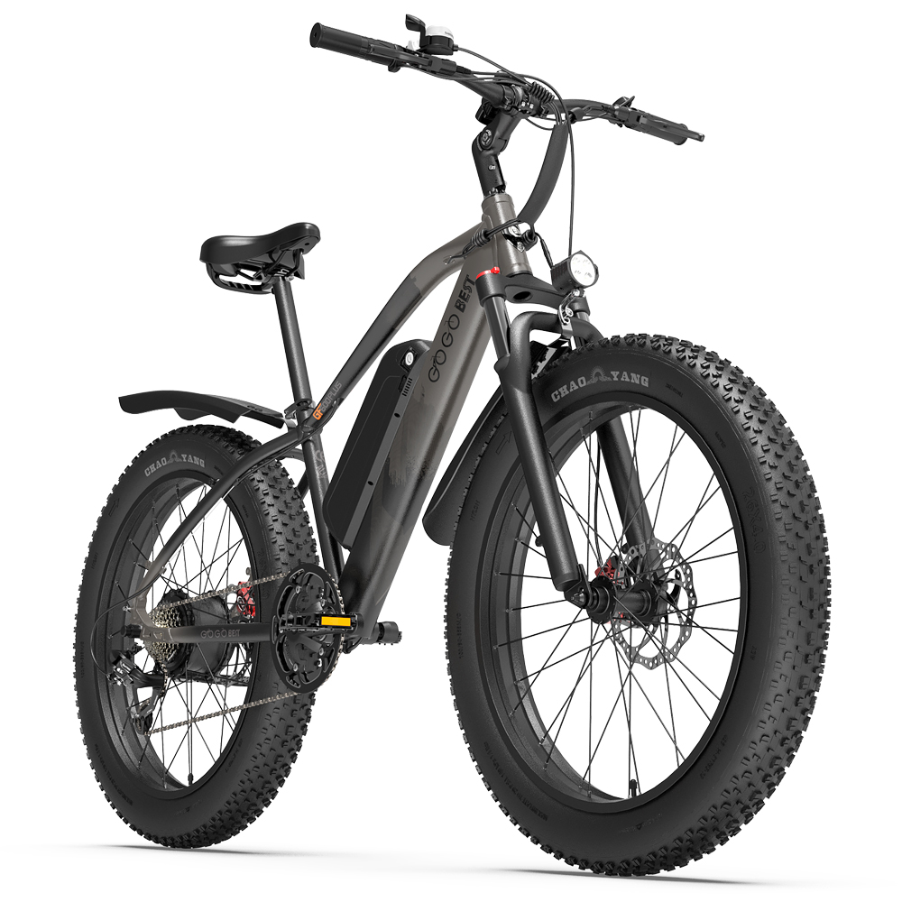 Bicicletta elettrica grigia con pneumatici neri larghi. La bicicletta su sfondo bianco.