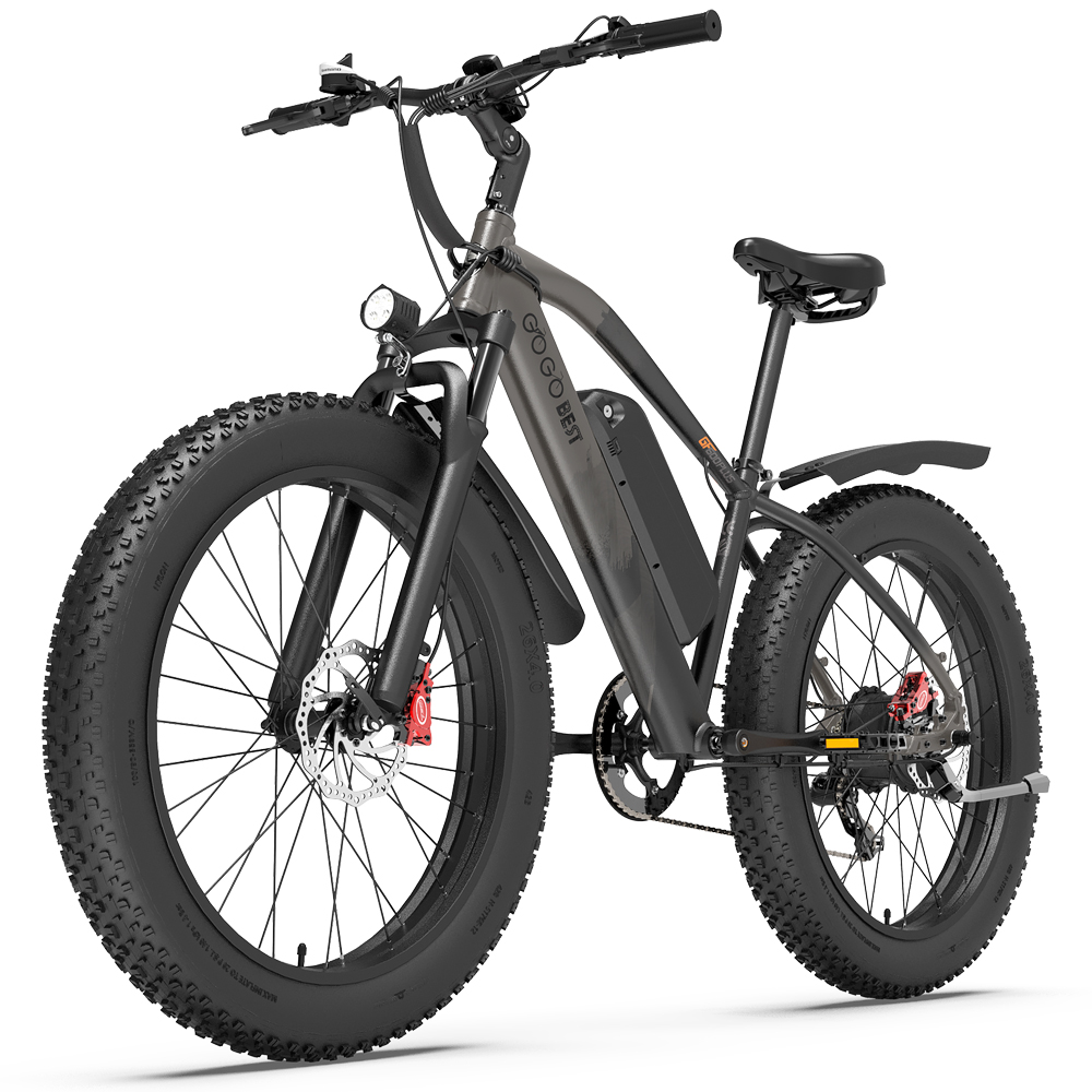 Una bicicletta elettrica nera e grigia con pneumatici grandi, su sfondo bianco.