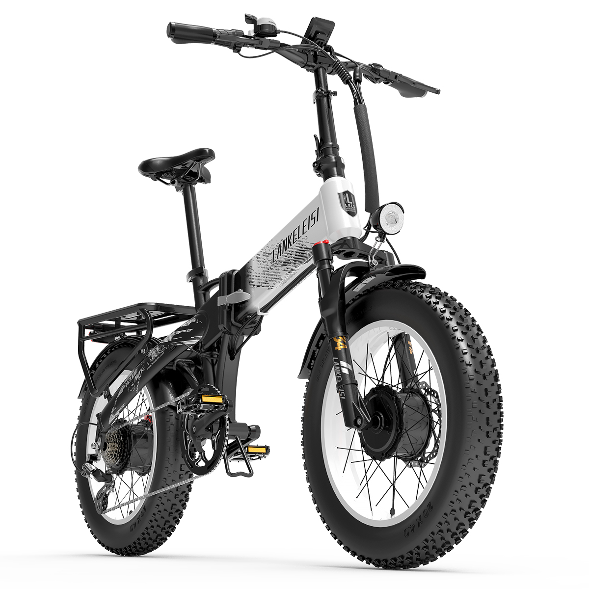 Elektrofahrrad mit schwarz-weißem Rahmen, fetten Reifen und Gepäckträger, auf weißem Hintergrund.