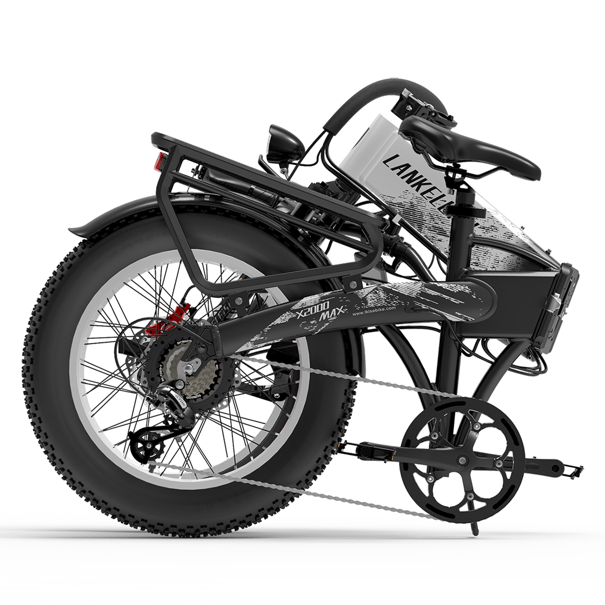Gefaltetes schwarzes und weißes Elektro-Fatbike. Seitenansicht, weißer Hintergrund.