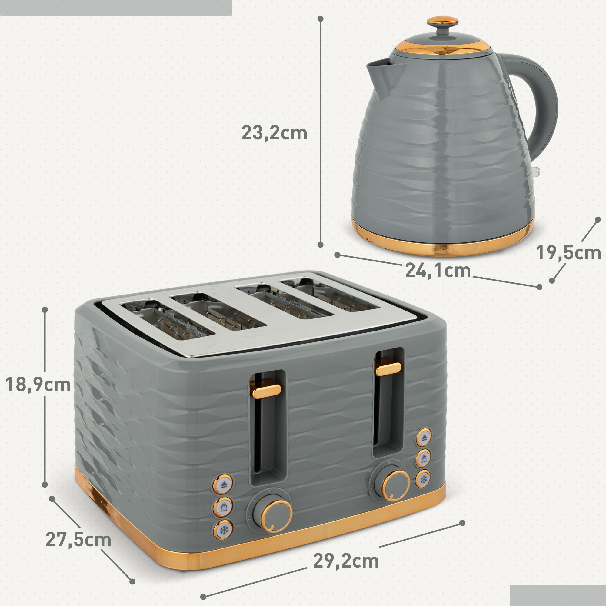 Graues Toaster- und Wasserkocher-Set mit goldenen Akzenten, Abmessungen angegeben.
