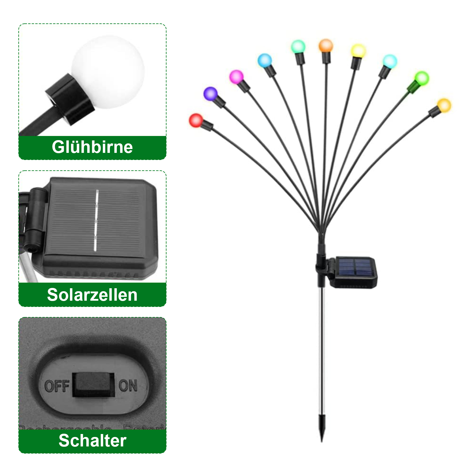 Nahaufnahme von Solar-Gartenlicht-Komponenten: Glühbirne, Solarpanel, Schalter, auf weißem Hintergrund.