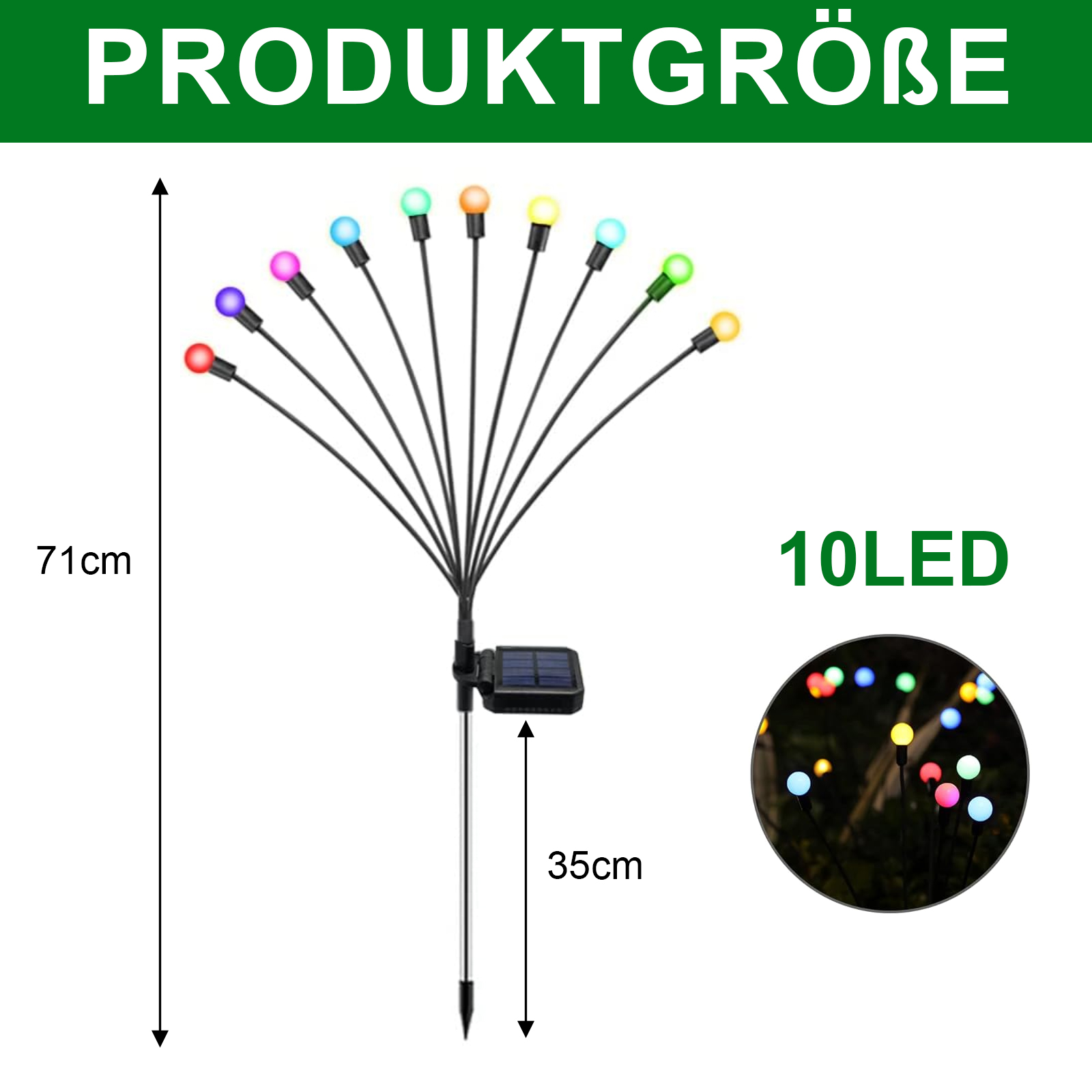Solar-Gartenlichter, schwarze Stiele mit bunten LED-Glühbirnen, auf weißem Hintergrund mit Abmessungen.