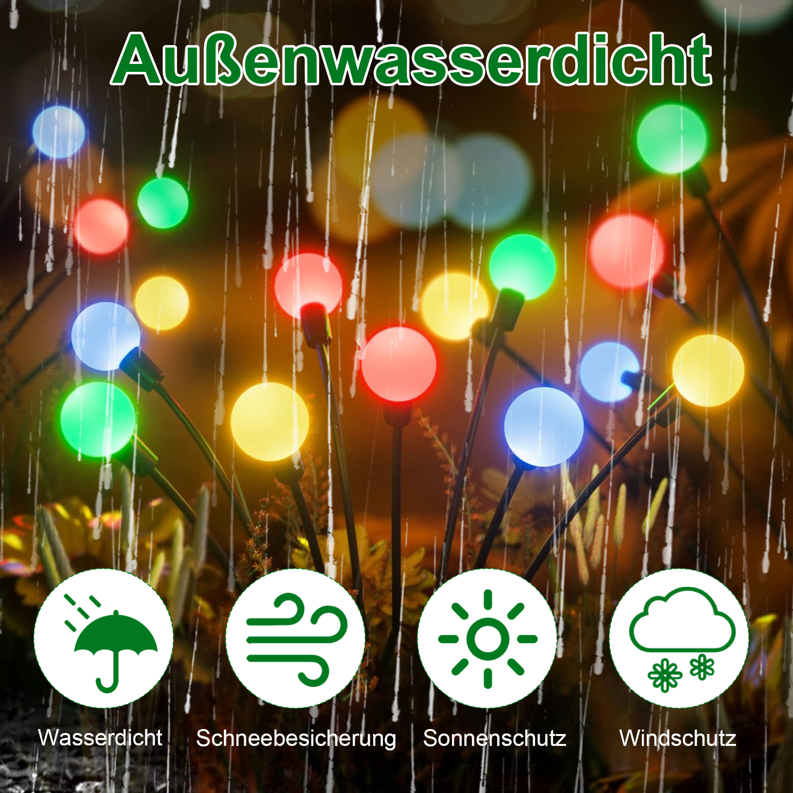 Gartenlichter mit farbigen Kugeln, Text: wasserdicht, Schnee- und Sonnenschutz, winddicht.