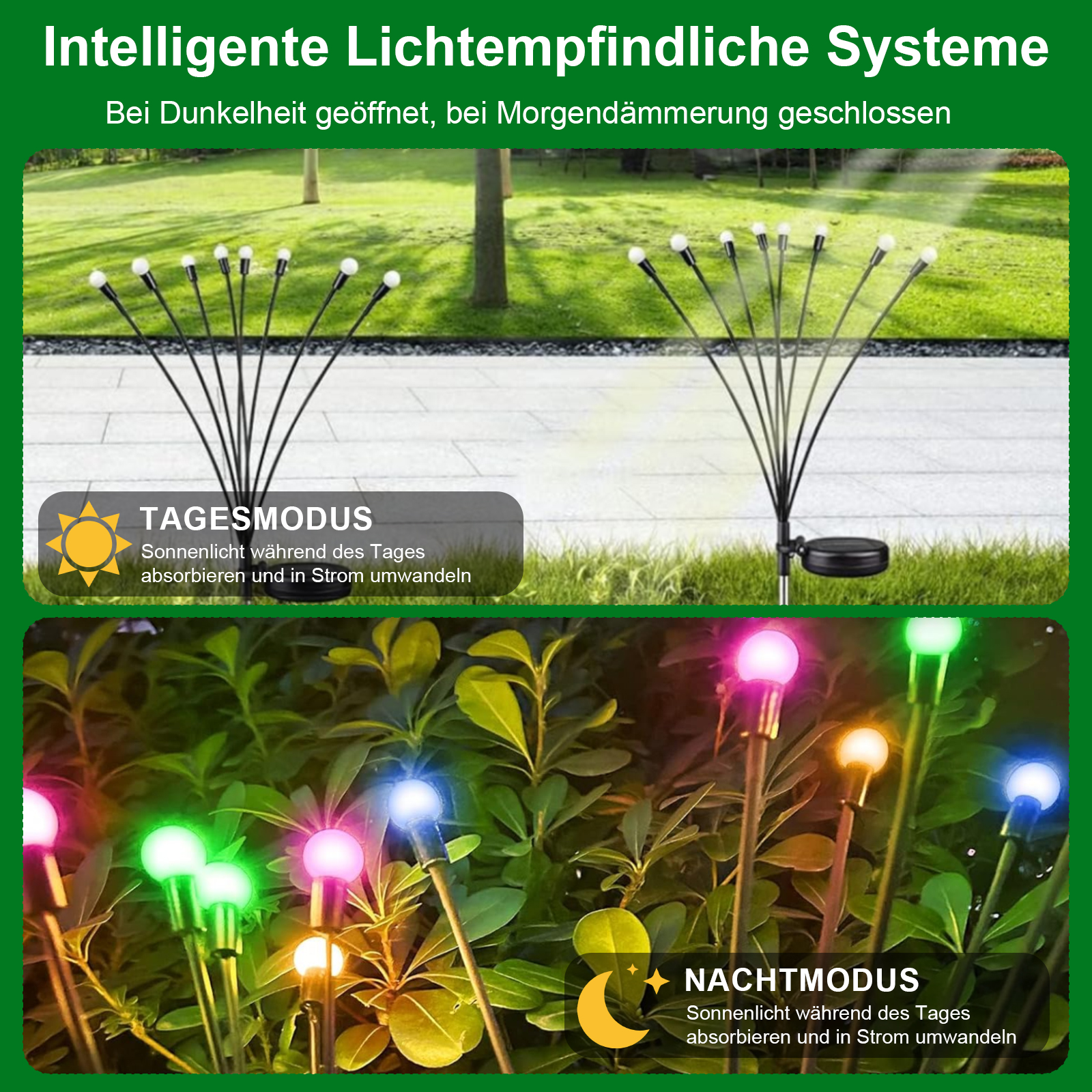 Solar-Gartenleuchten. Die Lichter sind im Nachtmodus an. Die Lichter sind in einem Busch.