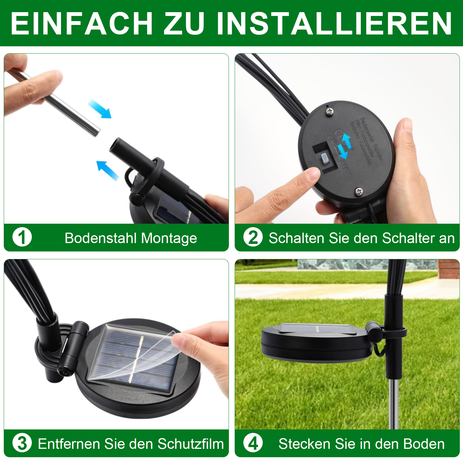 Schritte zur Installation von Solar-Gartenleuchten, mit Bildern und Text auf Deutsch.