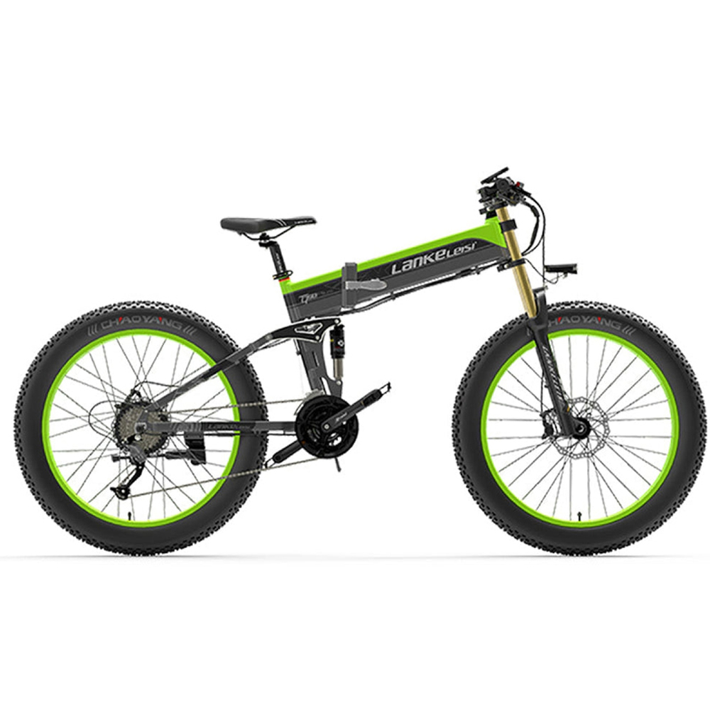 Ein Elektrofahrrad mit grünen Felgen und Akzenten auf weißem Hintergrund.