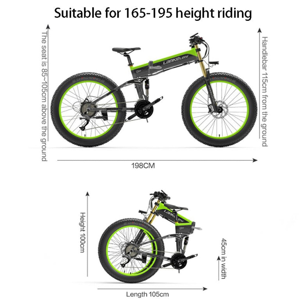 Schwarz-grünes Elektrofahrrad mit Maßangaben, geeignet für eine Körpergröße von 165-195 cm.
