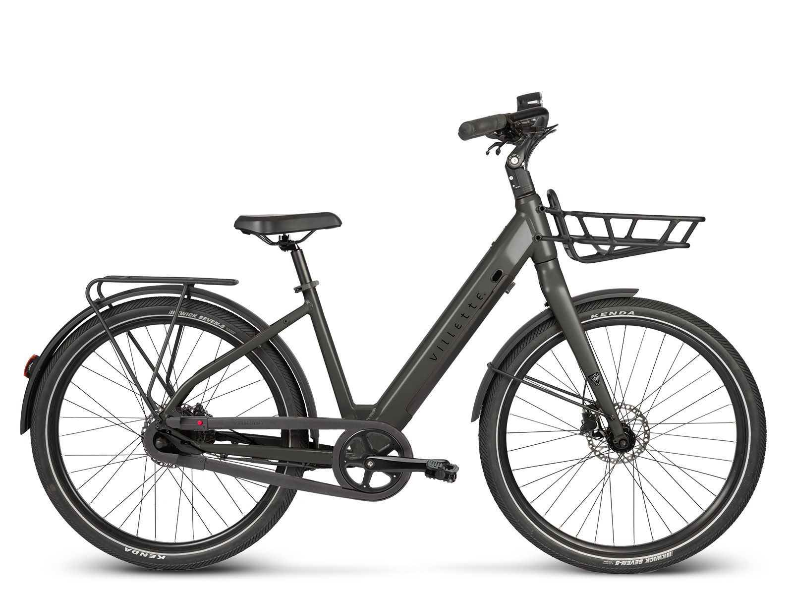 Ein graues Villette Elektrofahrrad mit schwarzem Korb, vorderen und hinteren Kotflügeln und schwarzen Reifen.