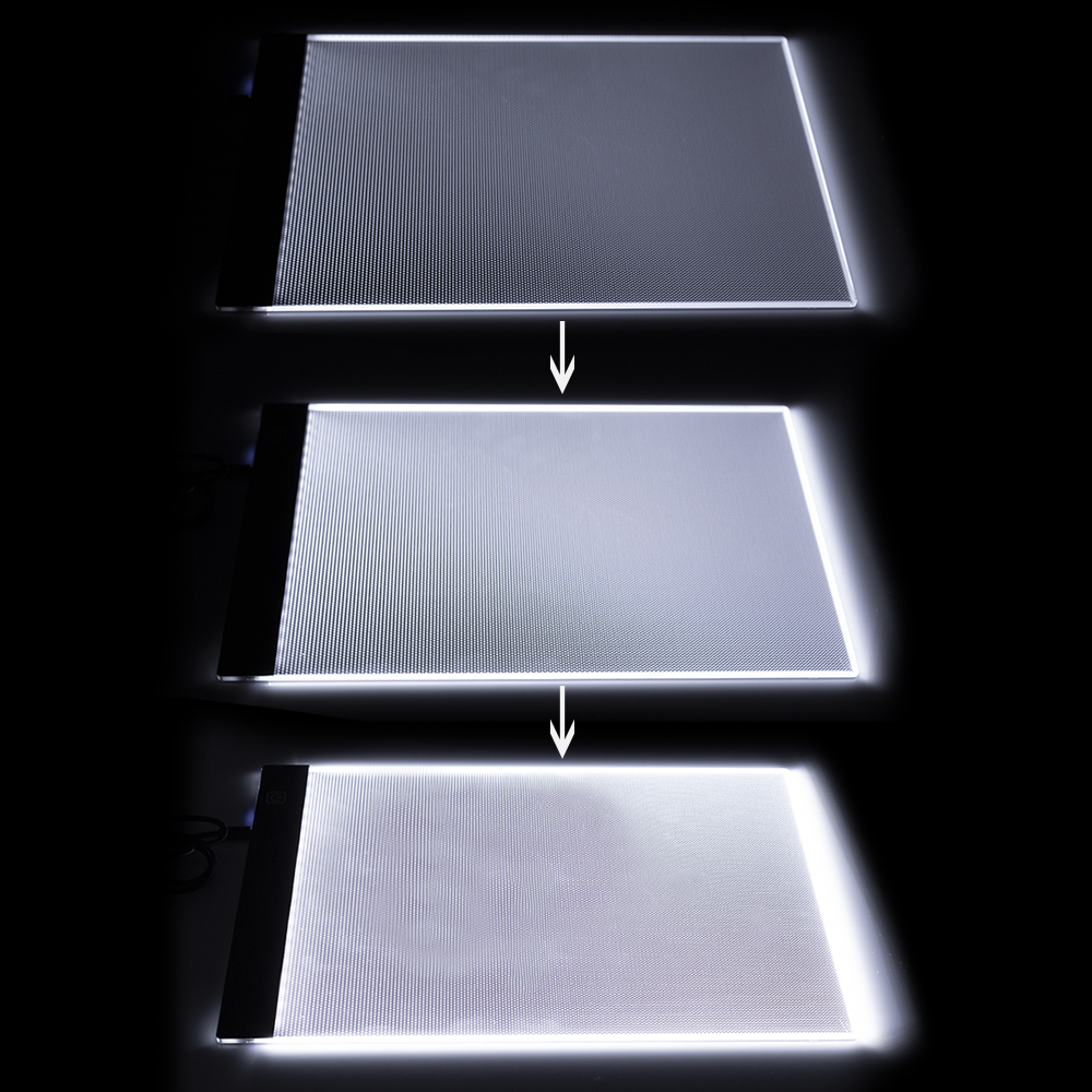 Tres paneles de luz en diferentes niveles de brillo, de oscuro a brillante.
