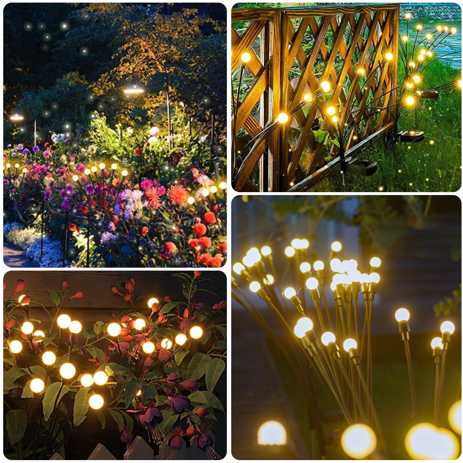 Collage von Gartenszenen mit Solarlichtern. Lichter auf dem Boden, in der Nähe von Zäunen und in Büschen. Unterschiedliche Anordnungen.