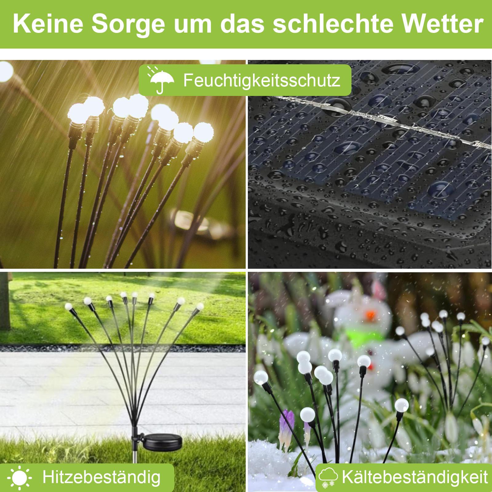 Eine Collage von Bildern, die Solargartenleuchten zeigen und ihre Wasser- und Kältebeständigkeit hervorheben.