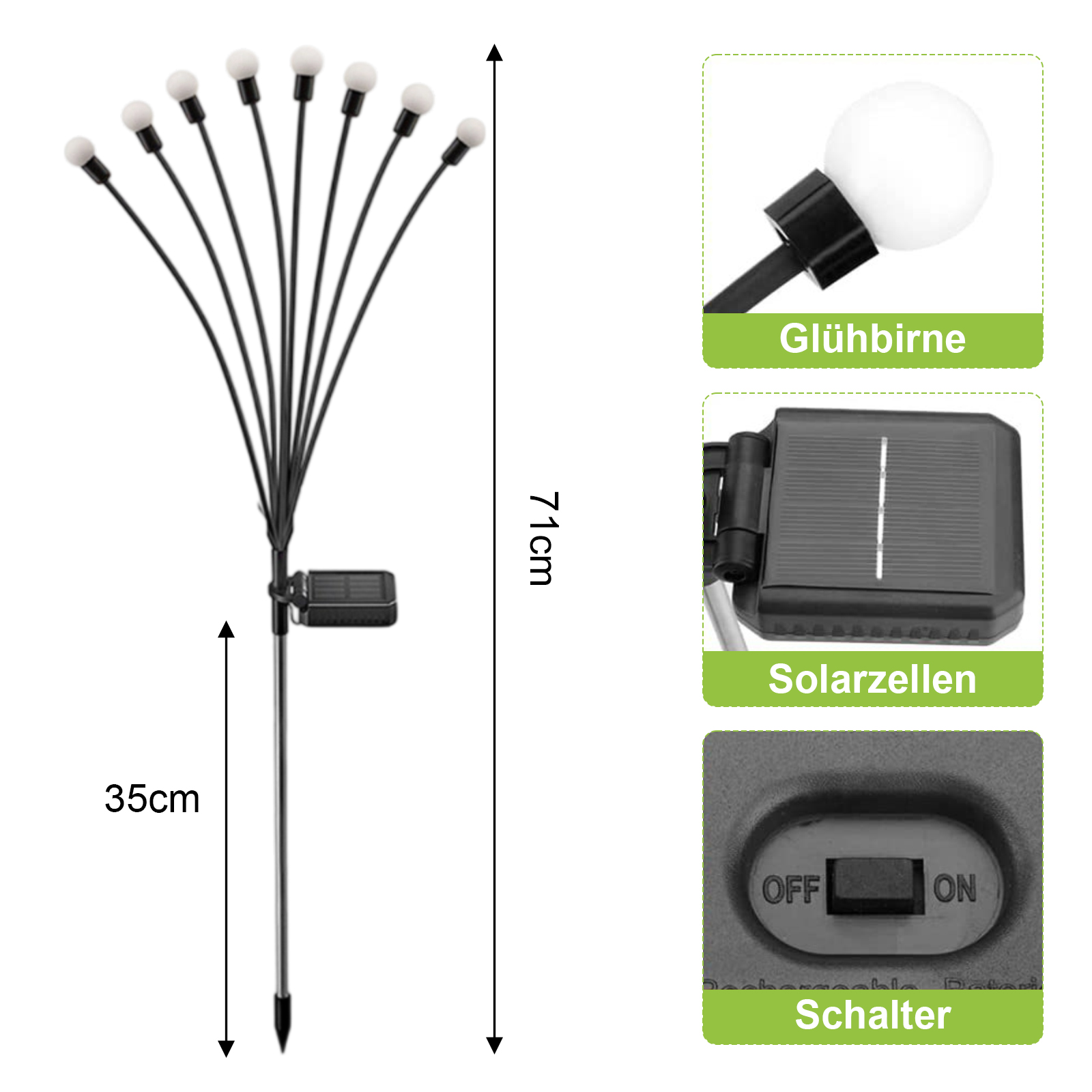 Solar-Gartenleuchten mit weißen Glühbirnen. Abmessungen sind angegeben. Nahaufnahmen von Glühbirne, Solarpanel und Schalter.