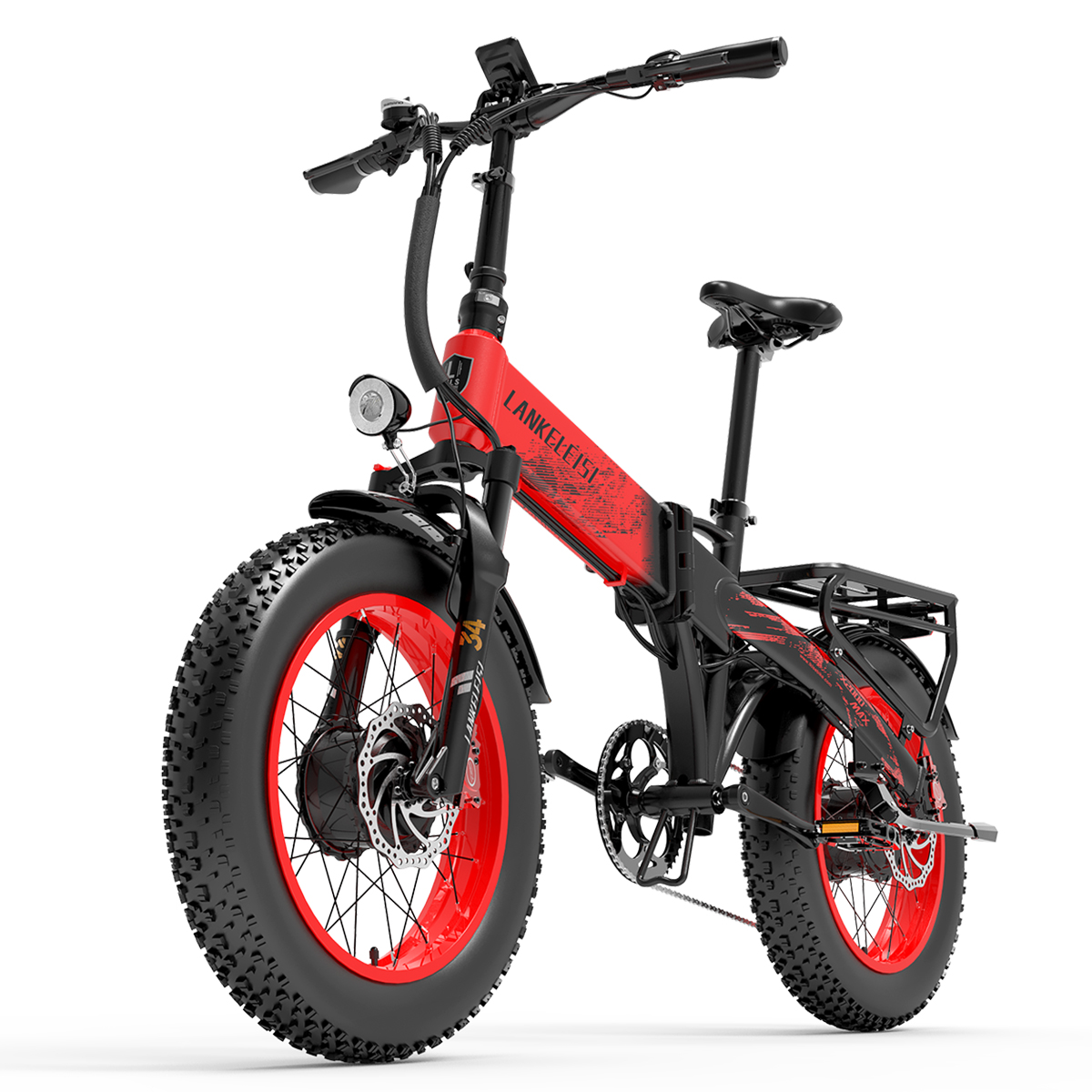Ein rot-schwarzes Lankeleisi Elektrofahrrad mit fetten Reifen und einem schwarzen Gepäckträger.
