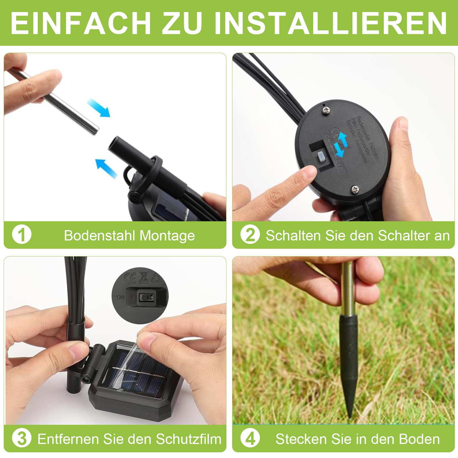 Anweisungen zur Installation von Solar-Gartenleuchten. Enthält Schritte: Montage, Einschalten, Folie entfernen und in den Boden stecken.