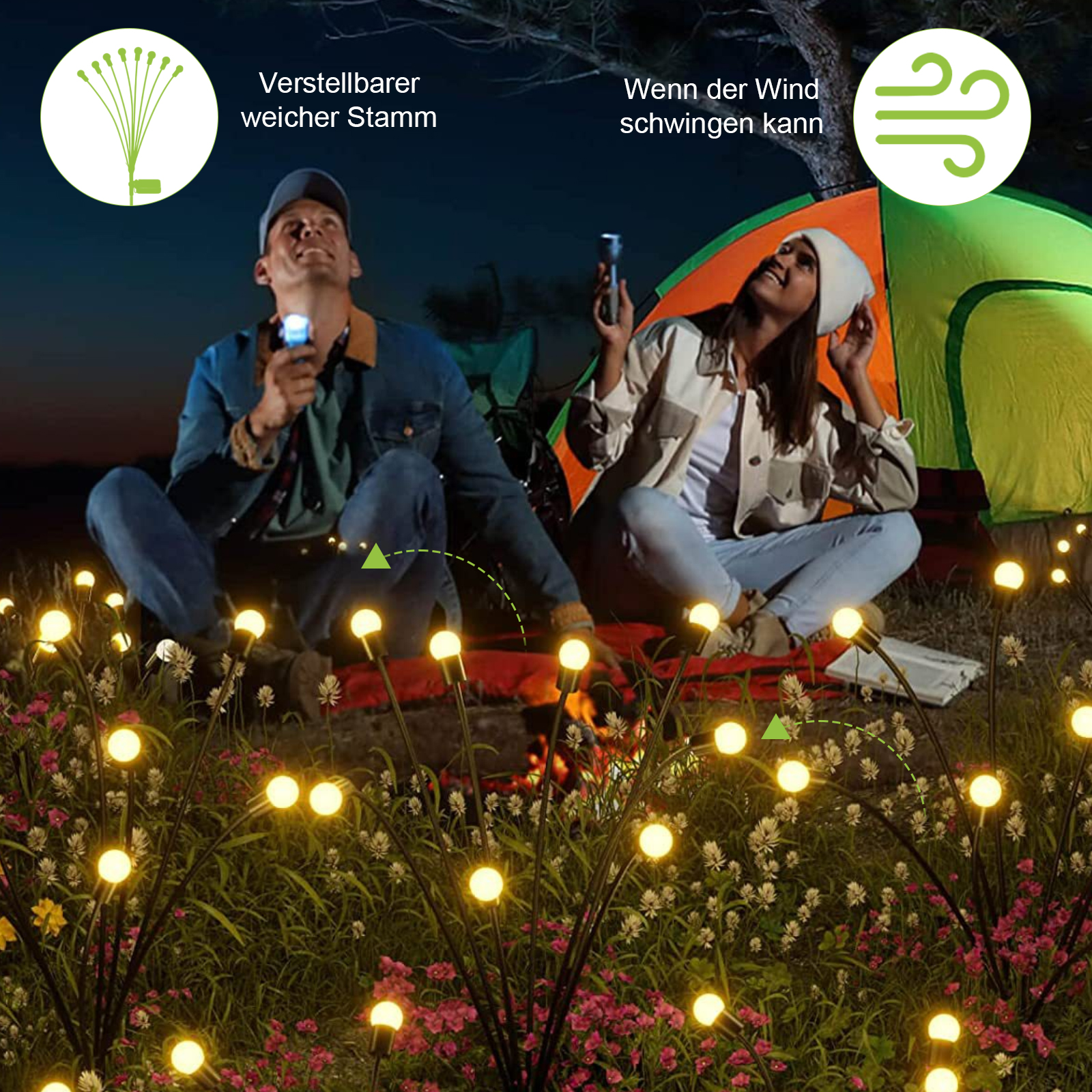 Menschen auf einem Campingplatz, beleuchtet von leuchtenden Lichtern, mit Zelt und Pflanzen, mit grünem Hintergrund.