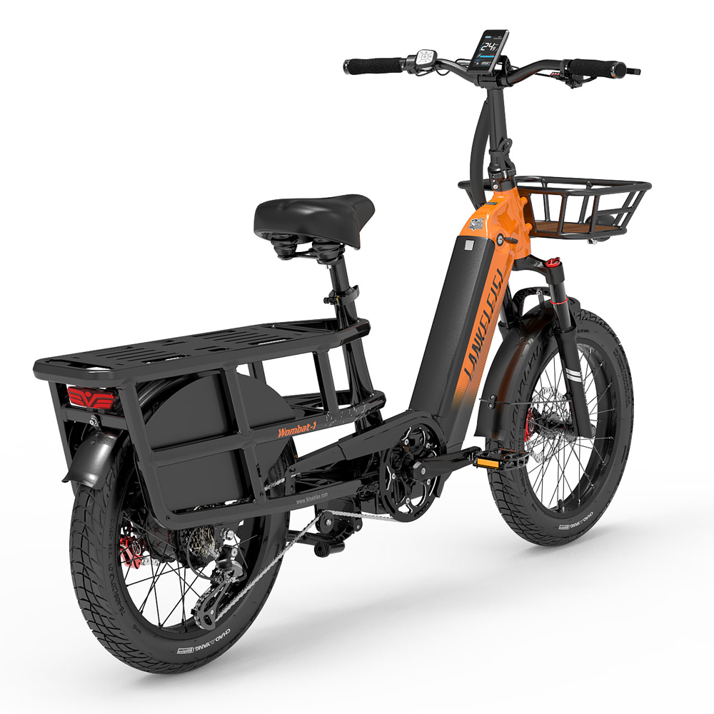 Ein orangefarbenes und schwarzes Elektrofahrrad mit Korb und Gepäckträger auf weißem Hintergrund.