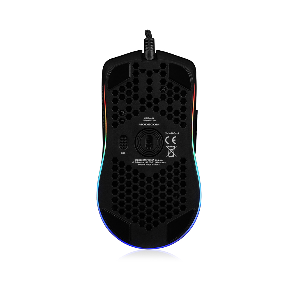 Spód czarnej myszy do gier, z tęczowym podświetleniem i wzorem plastra miodu.