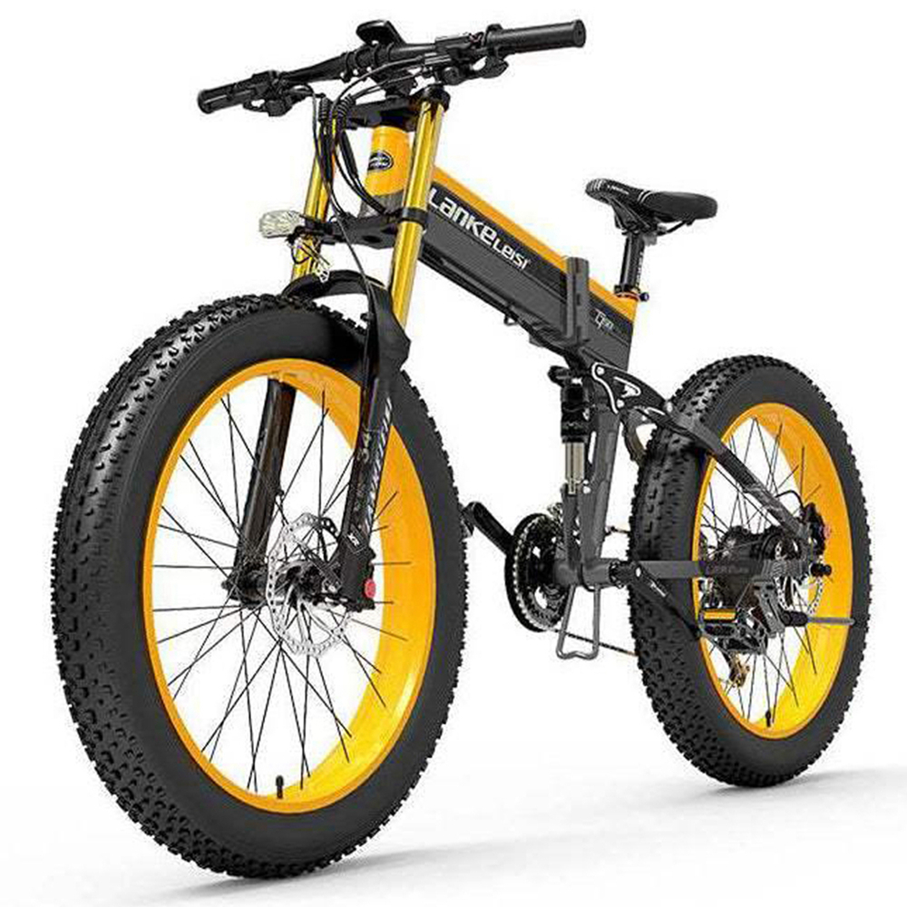 Ein Elektrofahrrad mit gelben Felgen und einem schwarzen Rahmen. Das Fahrrad steht auf weißem Hintergrund.