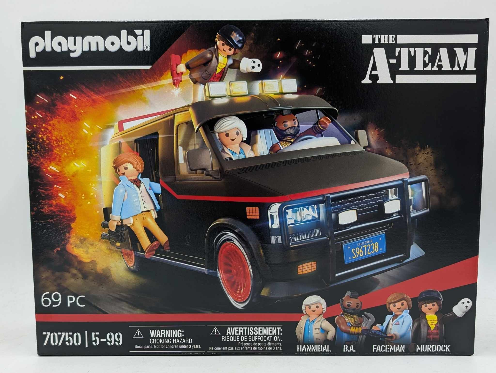 Playmobil A-Team van toy box. Features figures of the team members and the iconic black van.