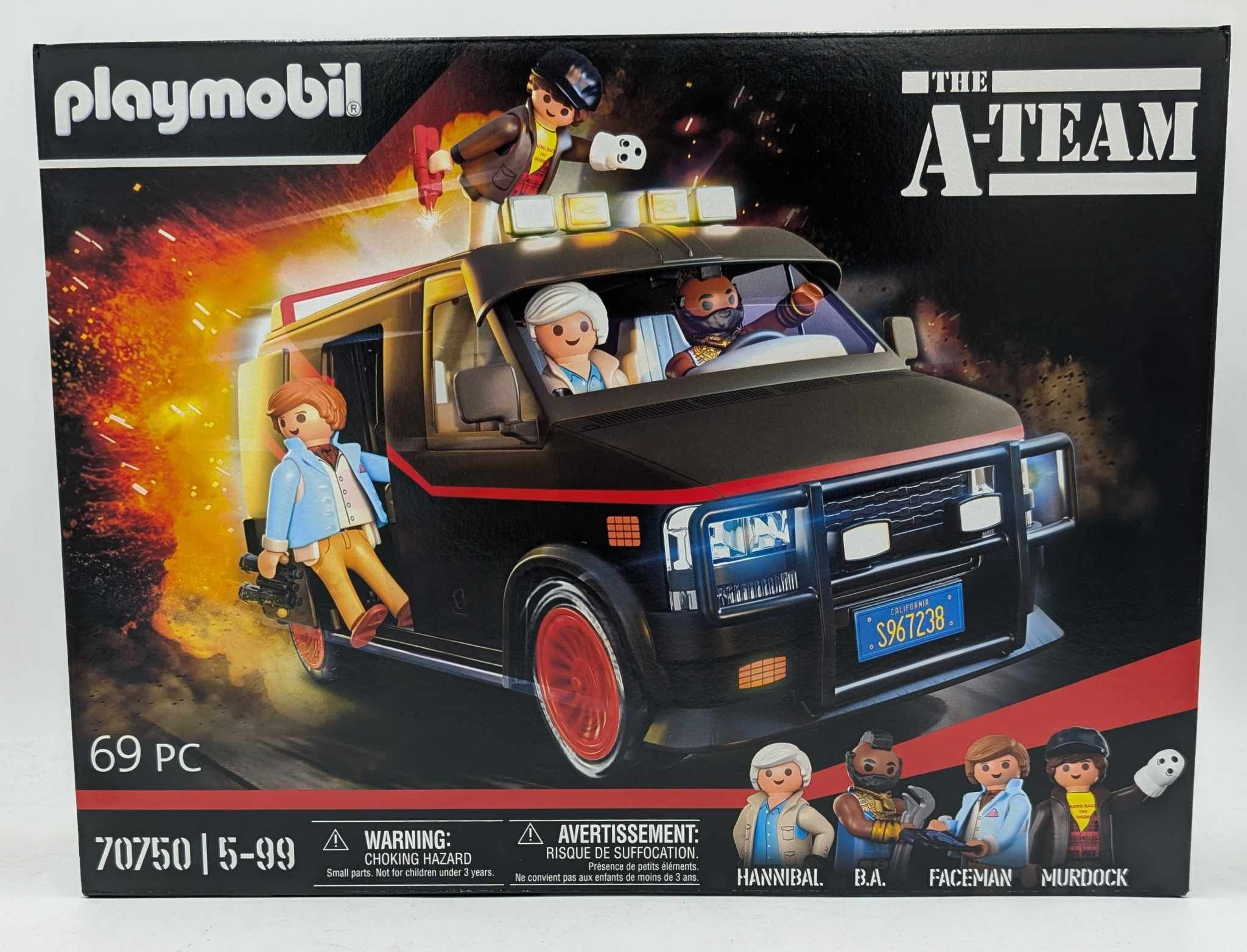 A Playmobil A-Team van playset box, with characters and a dynamic scene.
