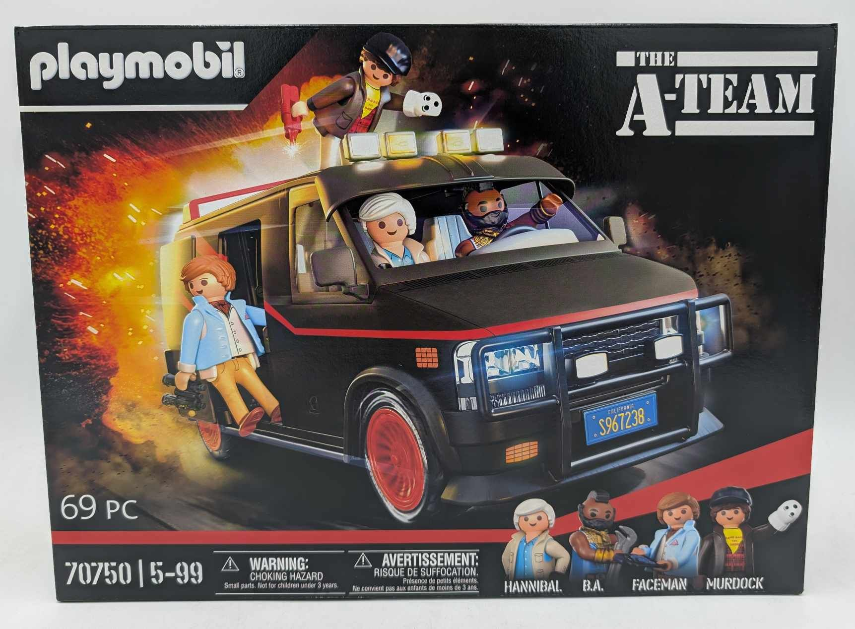 A Playmobil A-Team van playset box, with characters and a dynamic scene.