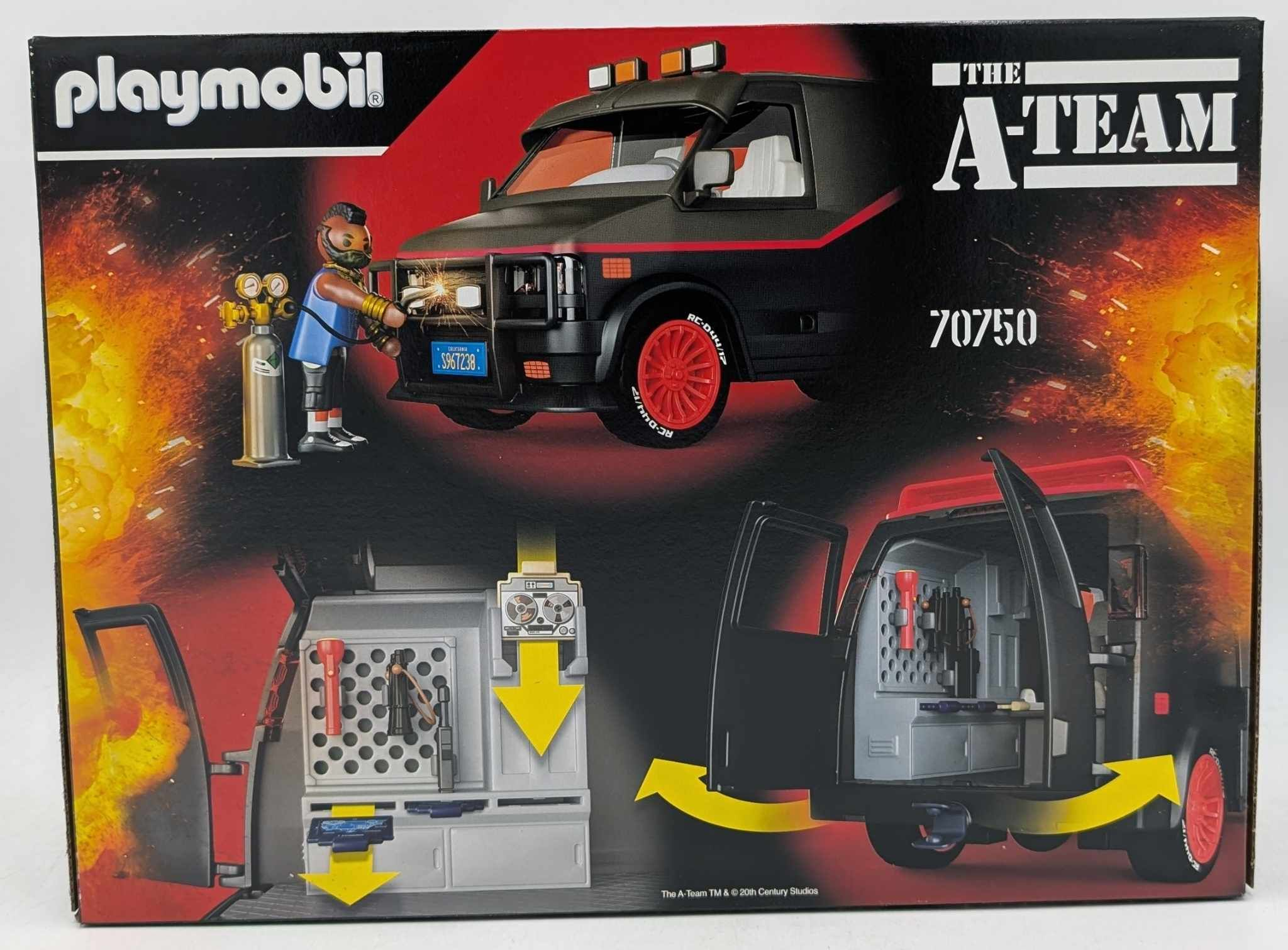 Playmobil A-Team van set with a figure welding. The van has red wheels and a detailed interior.