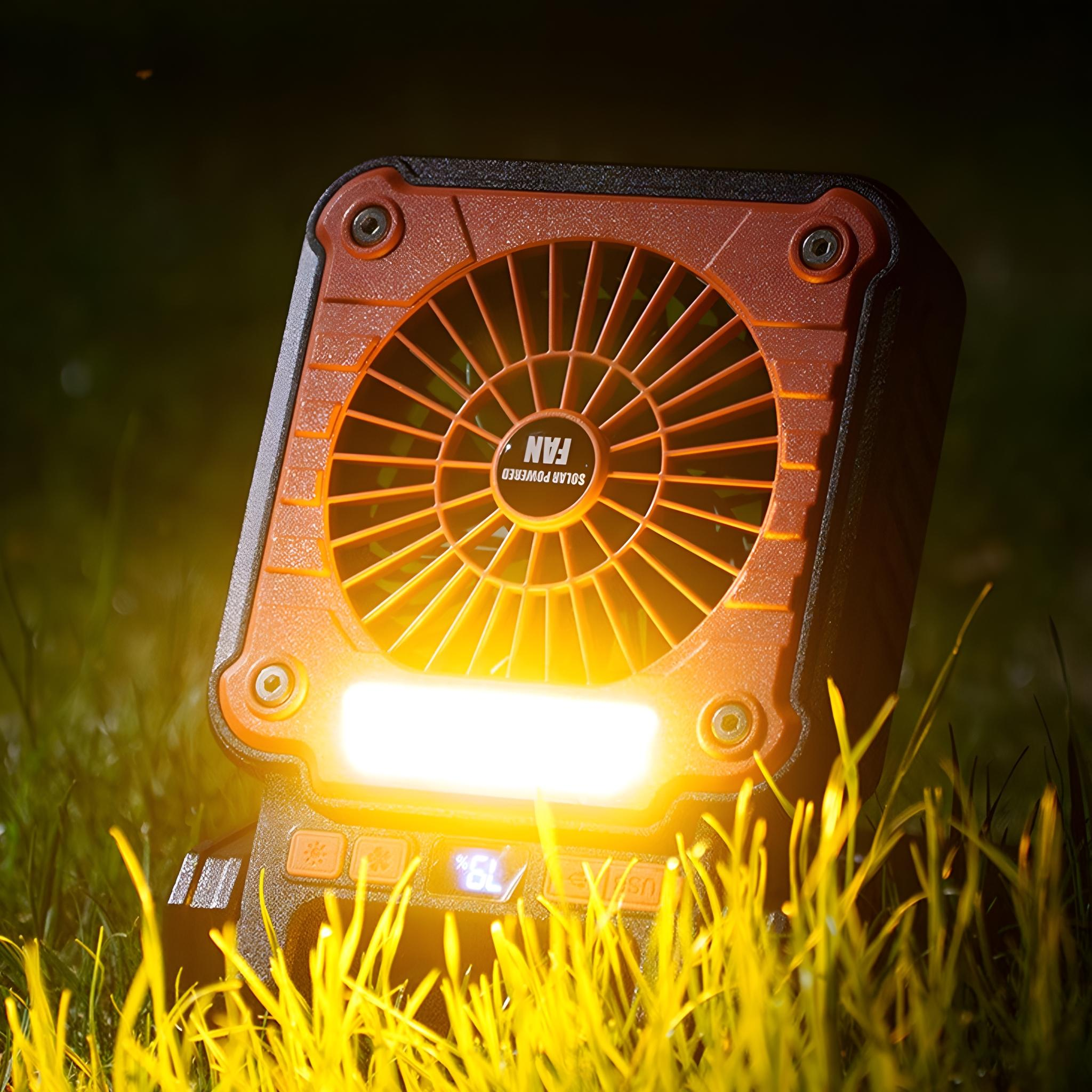 Ein solarbetriebener Ventilator im Gras. Orange-schwarzes Design mit Digitalanzeige und leuchtendem Licht.