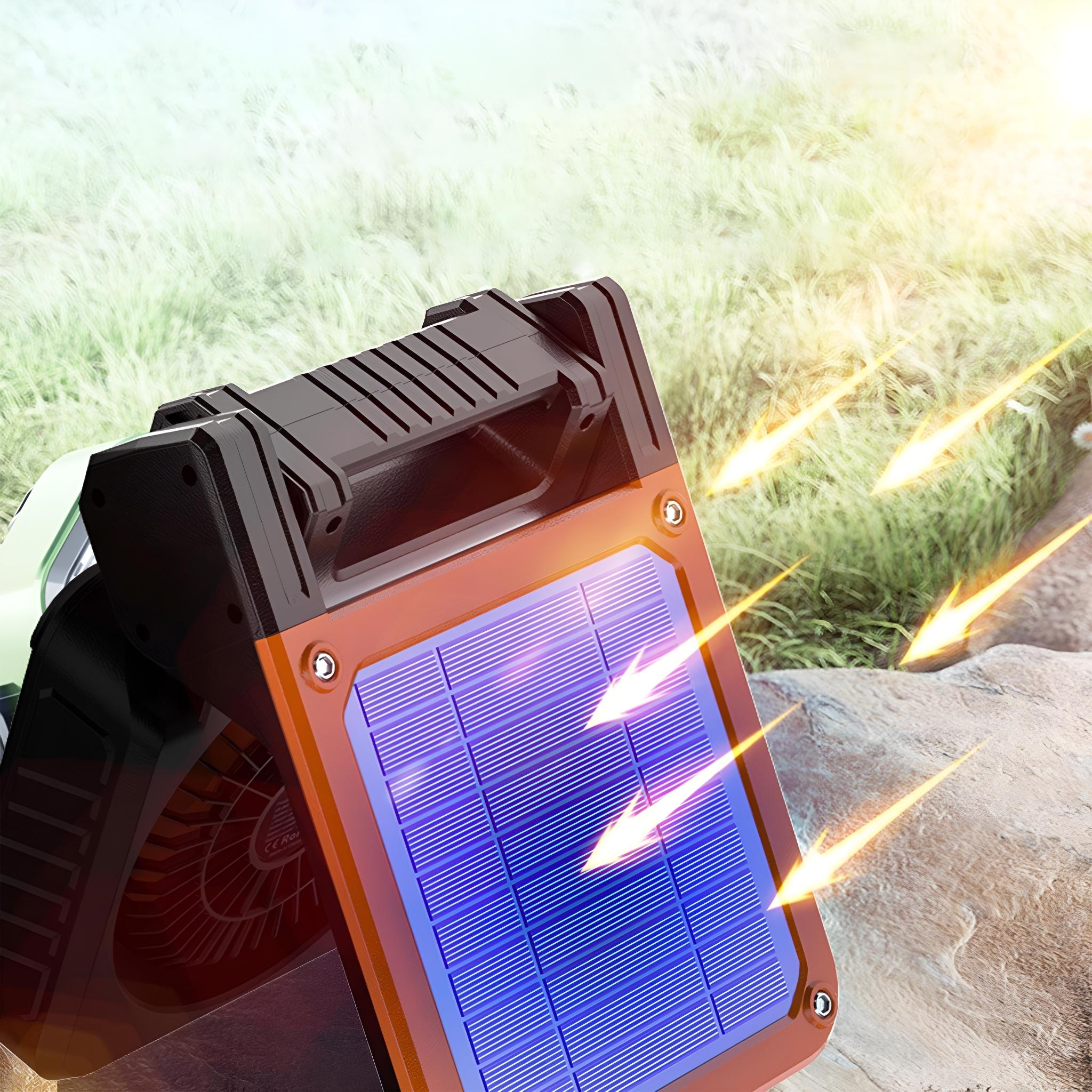 Oranger und schwarzer Solarpanel-Ventilator mit Sonnenlichtpfeilen, vor einem grasbewachsenen Hintergrund.