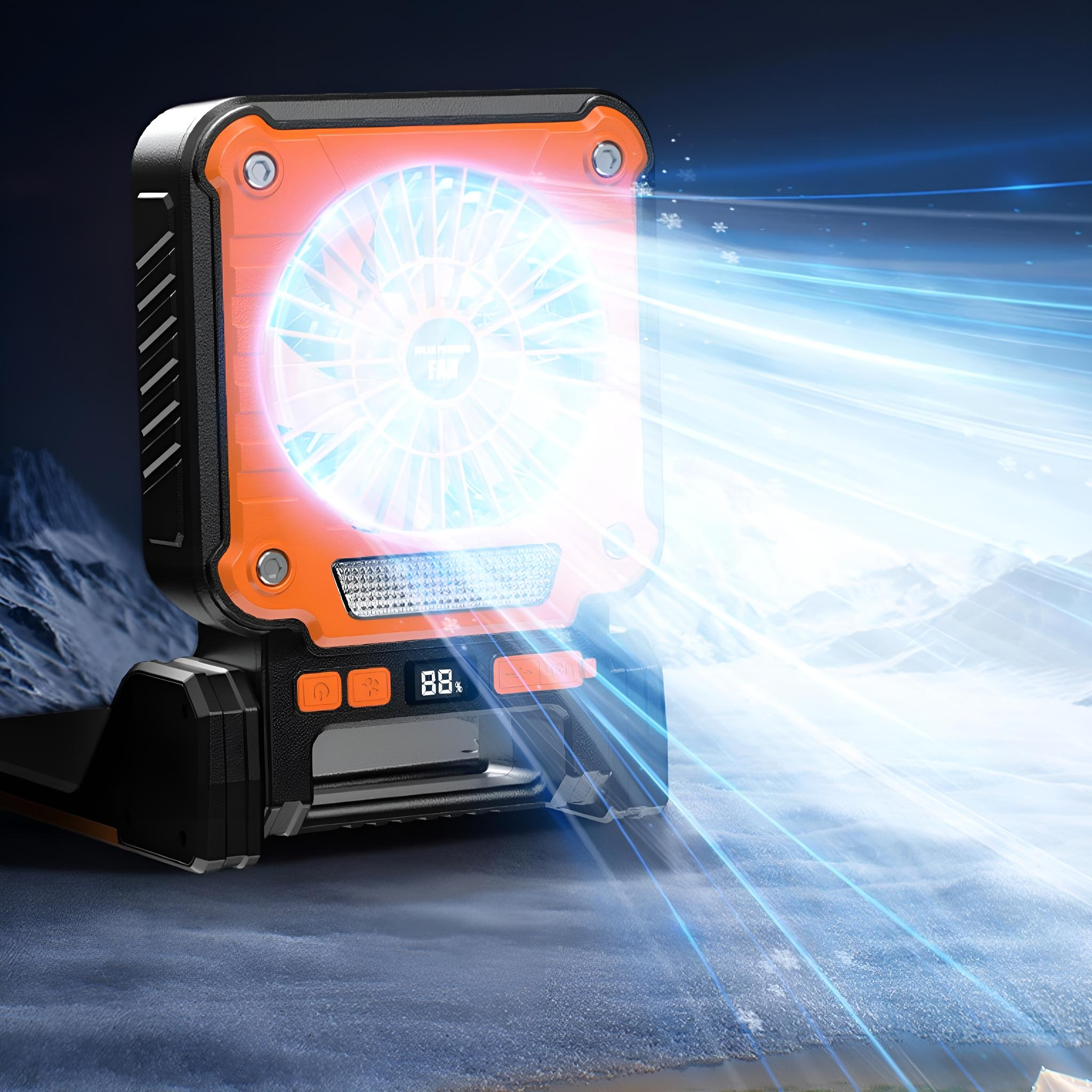 Orangener und schwarzer Ventilator mit blauen Lichtstrahlen und einer verschneiten Bergkulisse.