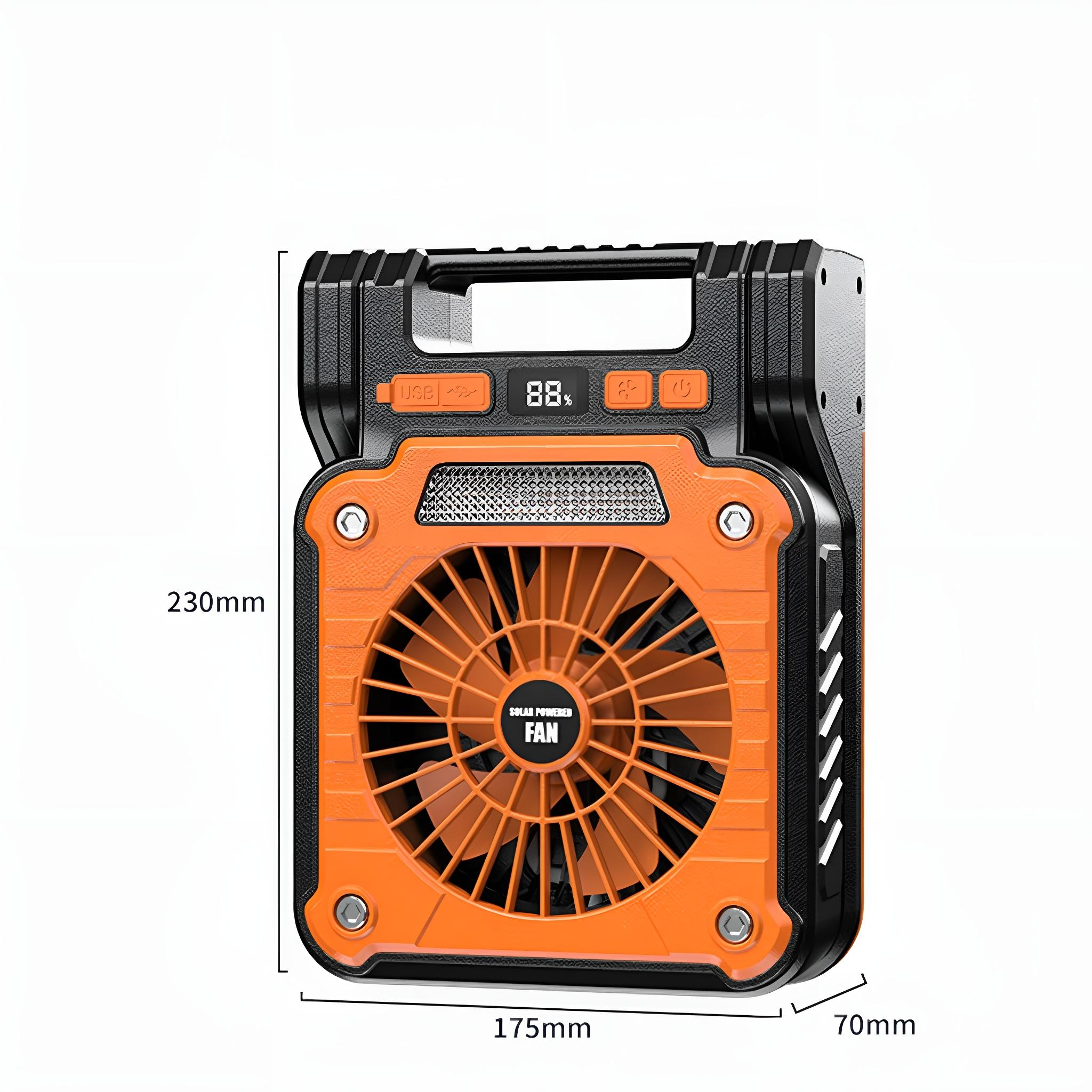 Solarbetriebener Ventilator mit Abmessungen. Orange-schwarzes Design mit Lüfter und Digitalanzeige.