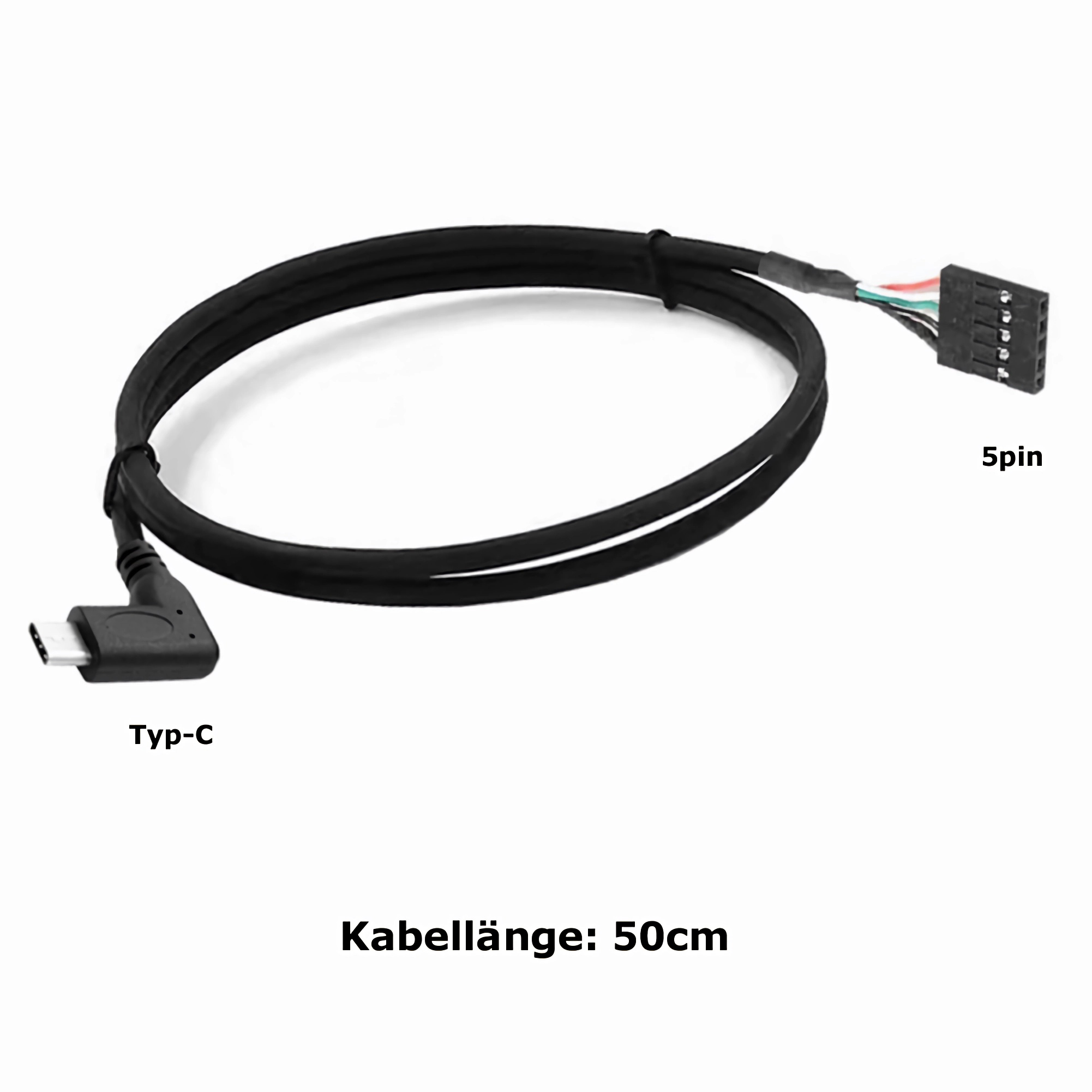 Schwarzes Kabel mit USB-C- und 5-poligem Stecker. Text: 50cm.