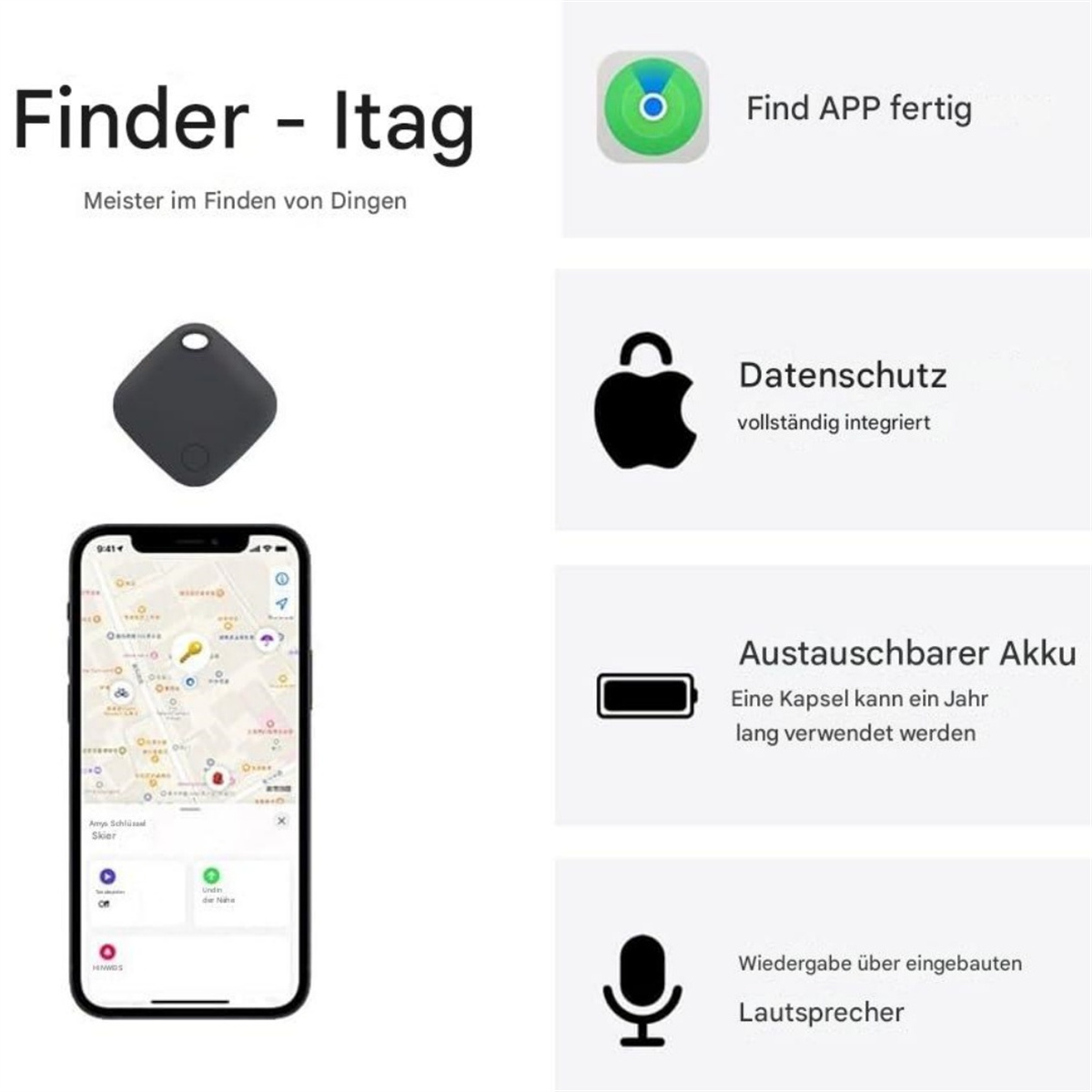 Schwarzer Tracker mit Telefon, das eine Karte und Symbole zeigt. Text enthält 'Finder-Itag' und Funktionen.