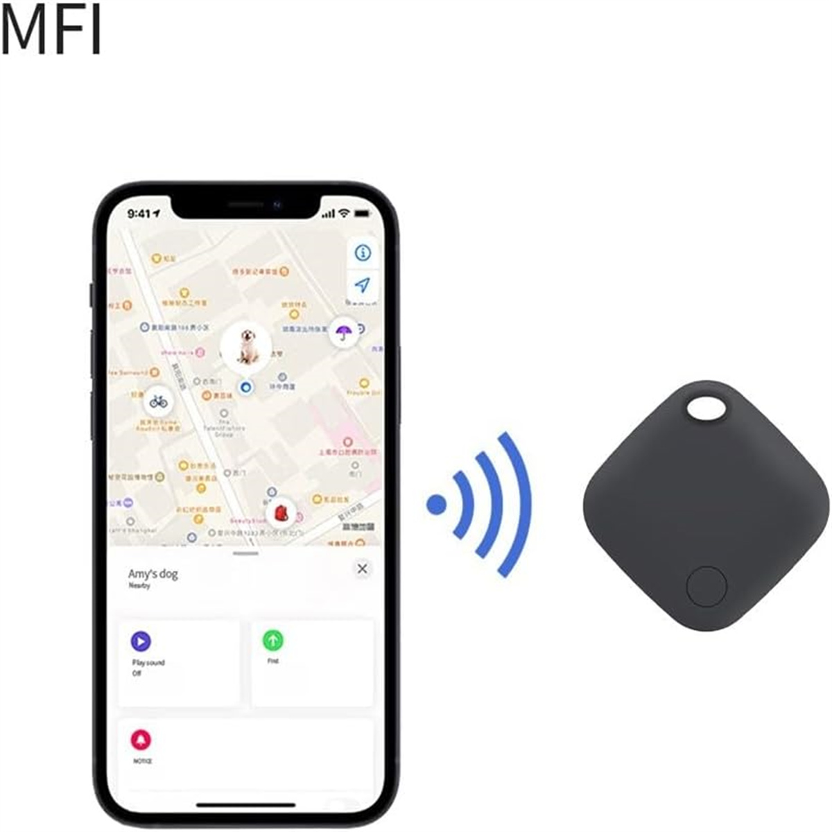 Smartphone-Bildschirm mit einer Karte und Hundetracker. Ein quadratischer Tracker ist gezeigt.