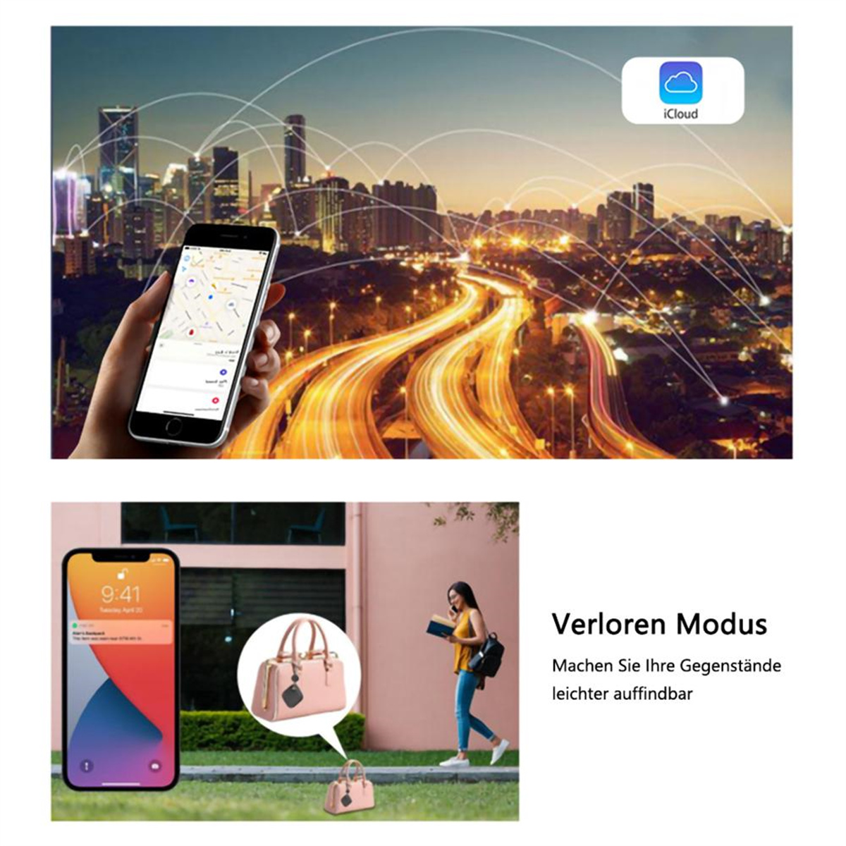 Eine Skyline mit Verbindungslinien, ein Telefon mit Karte und eine Frau mit Handtasche.