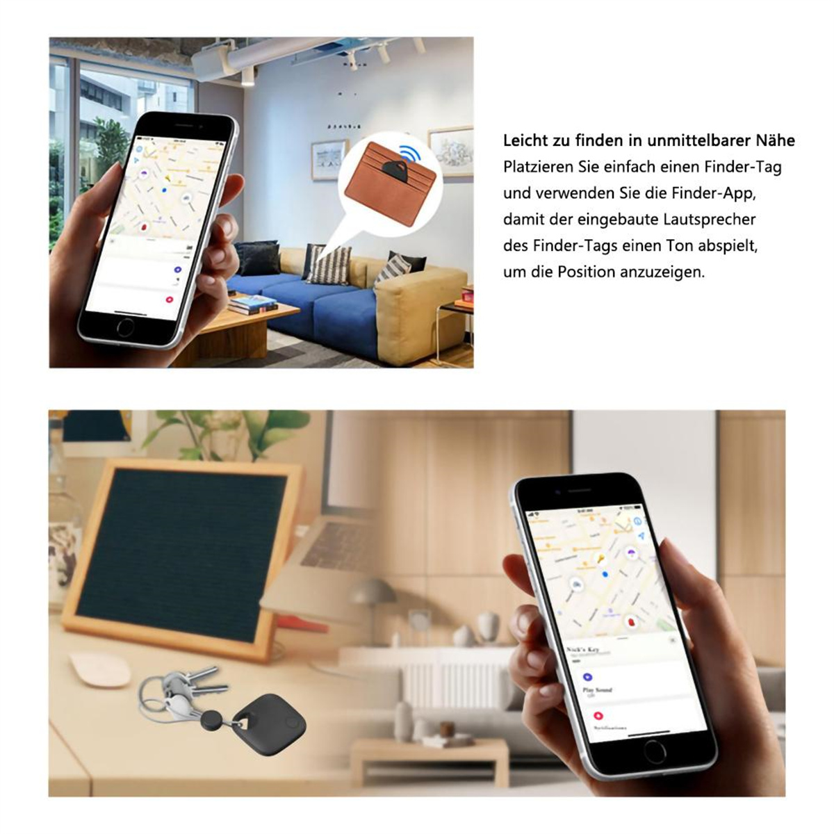 Ein Telefon mit Karte und ein Telefon mit schlüsselförmigem Tracker. Die Szene beinhaltet eine Brieftasche.