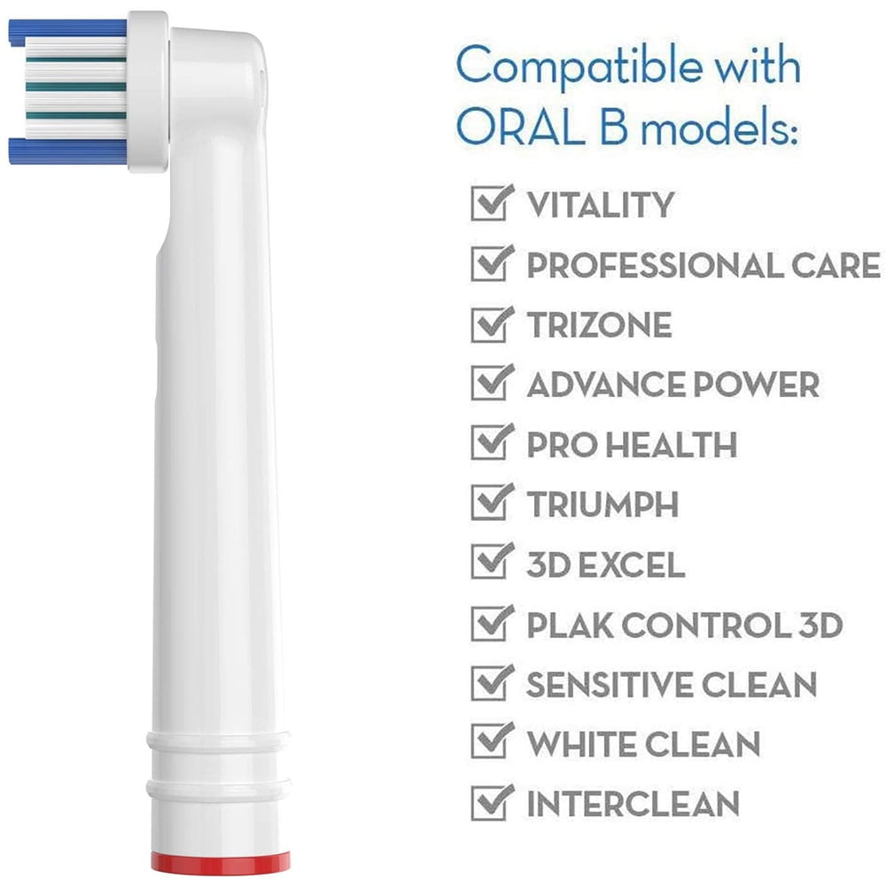 Zahnbürstenkopf mit blauen und weißen Borsten und eine Liste kompatibler Oral-B-Modelle.