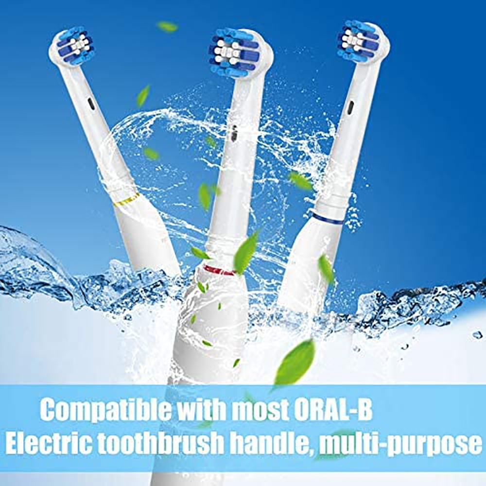 Drei Zahnbürstenköpfe im Wasser, mit blauen und weißen Borsten. Text: Kompatibel mit den meisten Oral-B-Griffen.