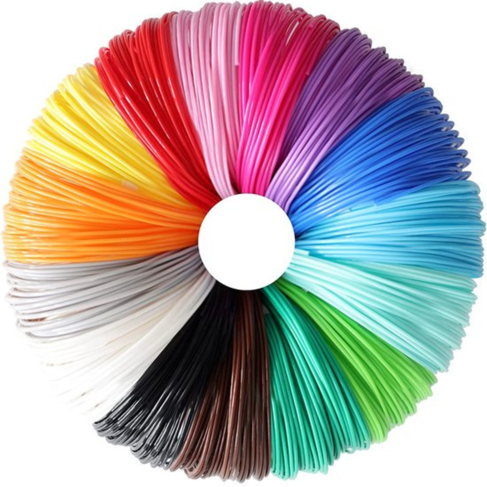 Ein Wirbel aus farbigem 3D-Druck-Filament, Farben von Rot bis Schwarz. Ein weißer Kreis in der Mitte.