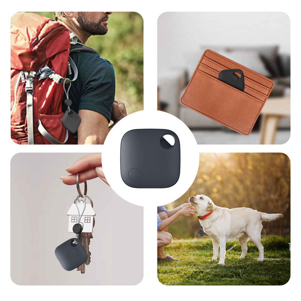 Ein Ortungsgerät wird in verschiedenen Szenarien gezeigt: auf einem Rucksack, in einer Brieftasche, an Schlüsseln und mit einem Hund.