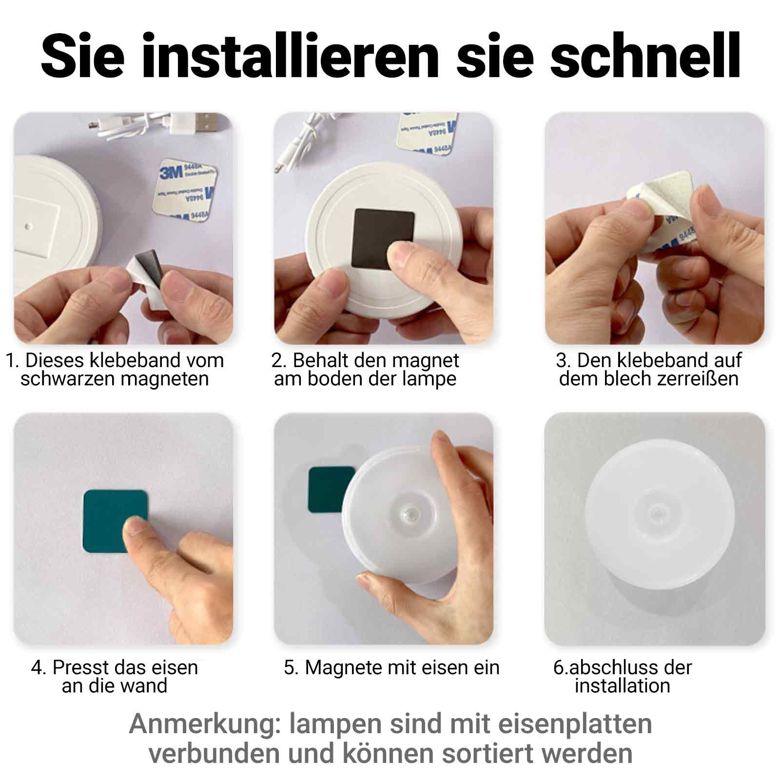 Schritt-für-Schritt-Anleitung zur Installation eines Lichts, mit Bildern, Klebstoff zeigend.